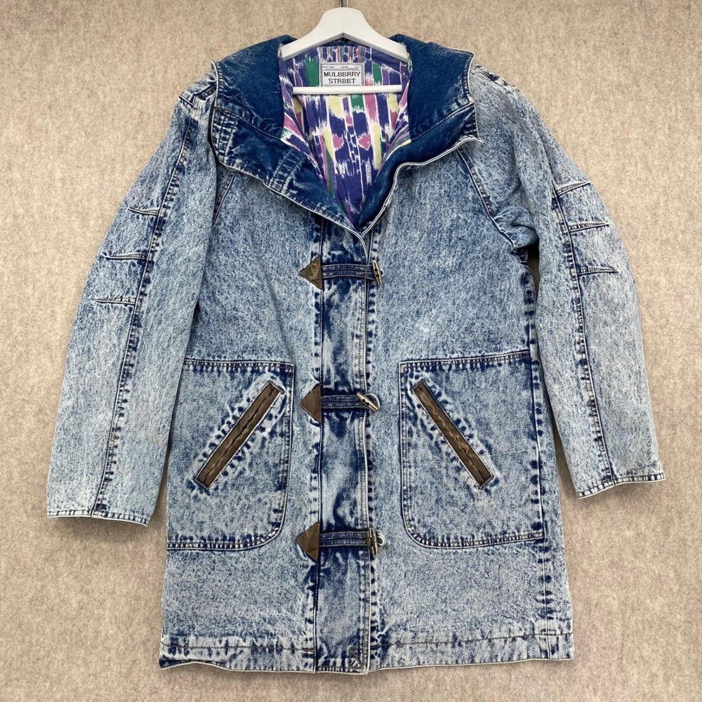 Vintage Acid Wash Denim Toggle Parka Jacket Hooded Blue L Large